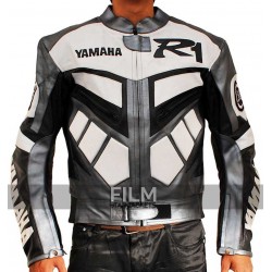 Yamaha R1 Motorcycle Racing Grey Real Biker Leather Jacket